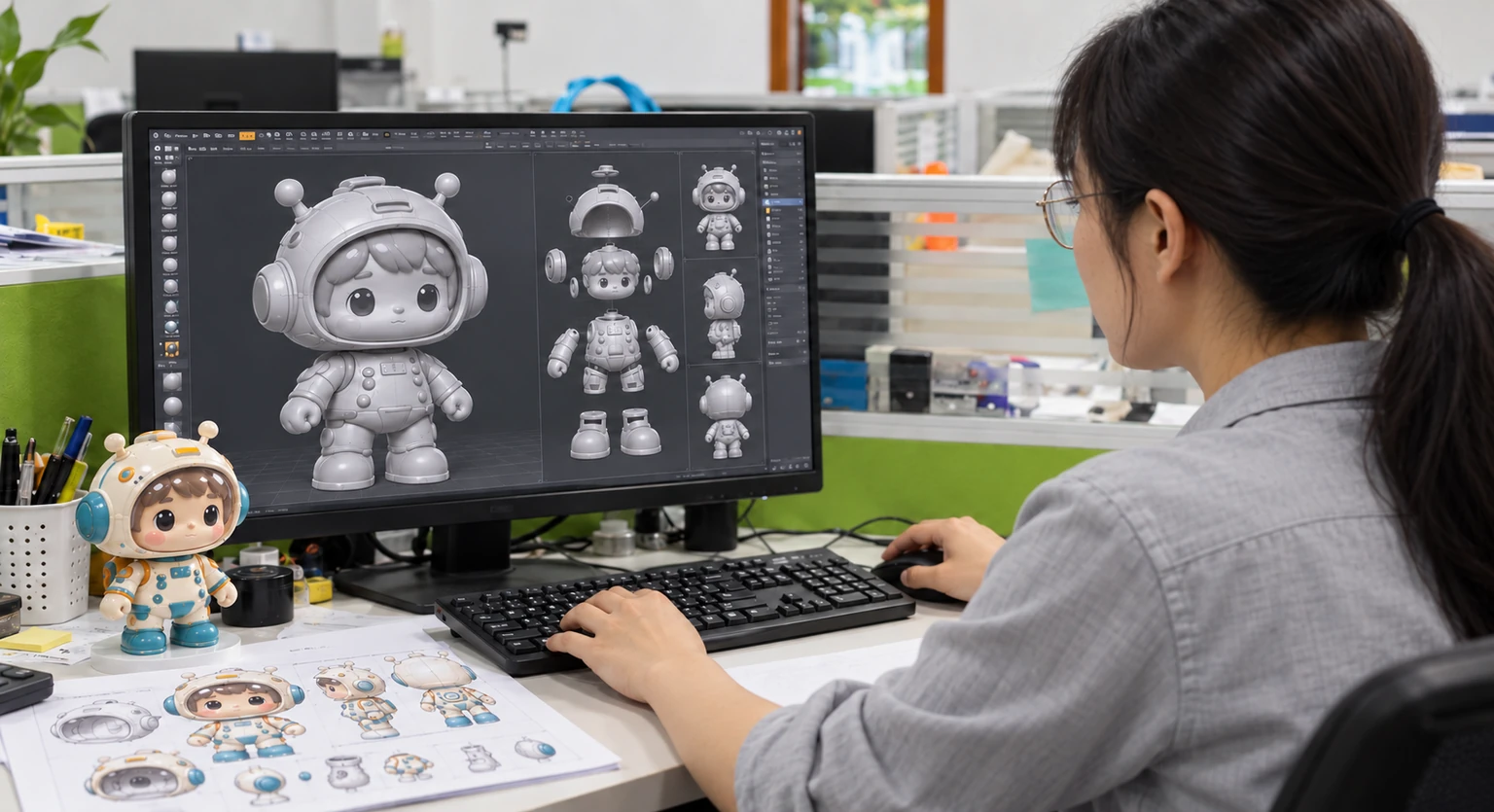 Designer building a 3D model of a custom PVC astronaut figurine