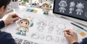 Designer drawing custom astronaut PVC toy concept art