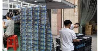 Workers packing boxed custom PVC toys for shipment